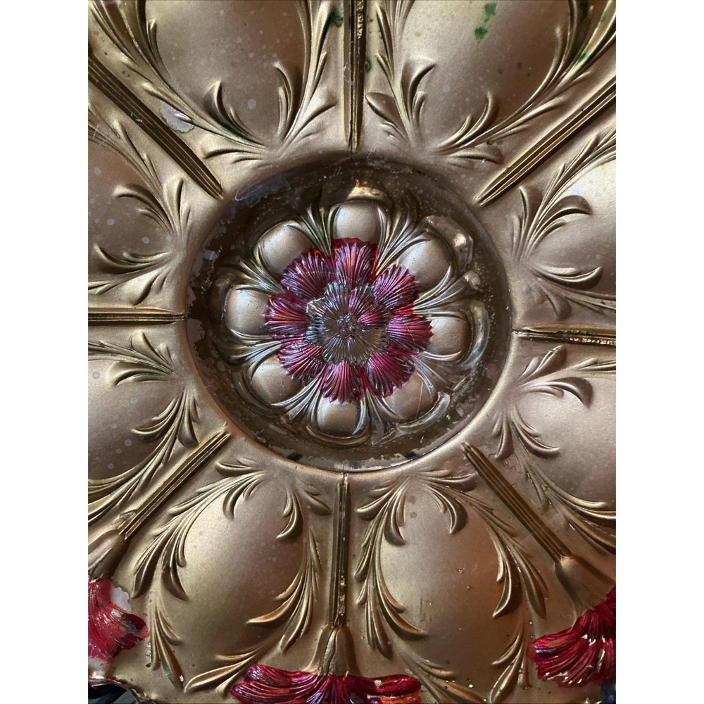 10.5" Antique Goofus Glass Sawtooth Edge Plate Red Gold Roses - Picture 2 of 14
